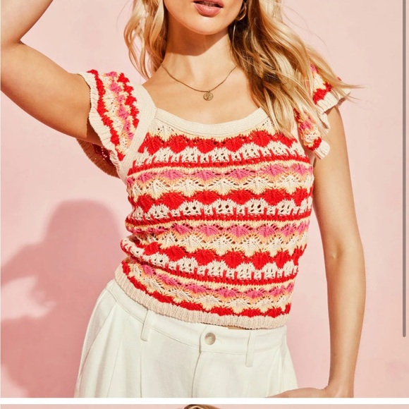 VICI Blu Pepper NWT Josephine Cotton Crochet Knit Flutter Sleeve Ruffle Tank - Picture 2 of 8